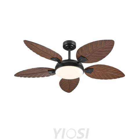 52’’ Tropical Wood Grain Ceiling Fan with Palm Leaf Blades Dimmable LED & Remote Control Dark Brown Ceiling Lights