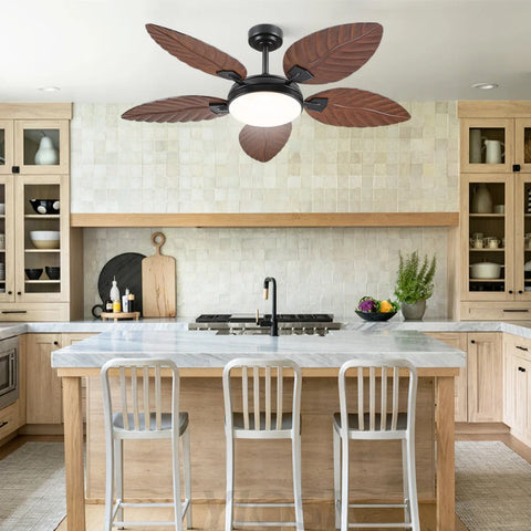 52’’ Tropical Wood Grain Ceiling Fan with Palm Leaf Blades Dimmable LED & Remote Control Ceiling Lights