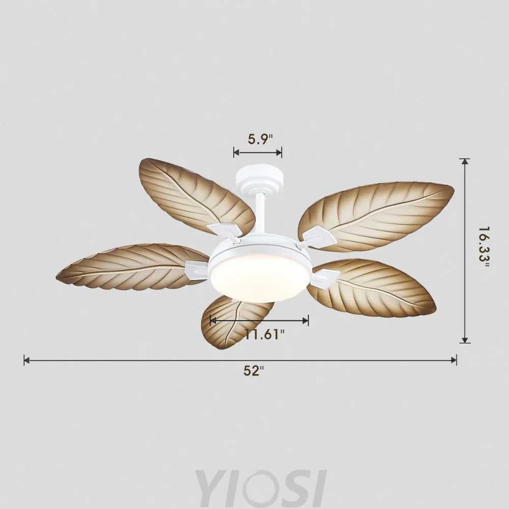 52’’ Tropical Wood Grain Ceiling Fan with Palm Leaf Blades Dimmable LED & Remote Control Wood Grain Ceiling Lights