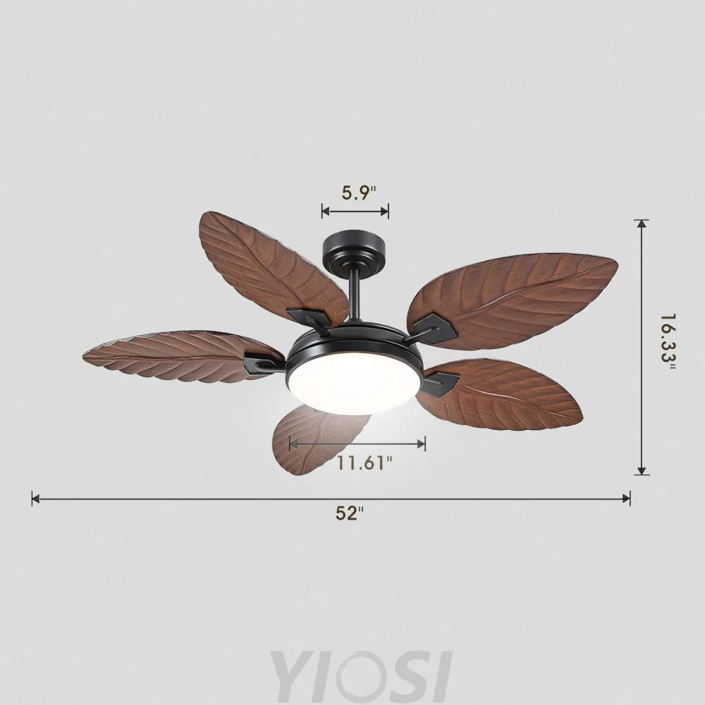 52’’ Tropical Wood Grain Ceiling Fan with Palm Leaf Blades Dimmable LED & Remote Control Dark Brown Ceiling Lights