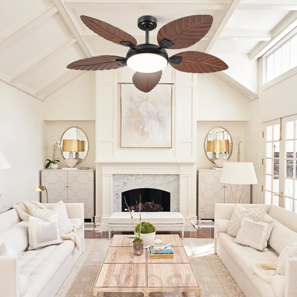 52’’ Tropical Wood Grain Ceiling Fan with Palm Leaf Blades Dimmable LED & Remote Control Ceiling Lights