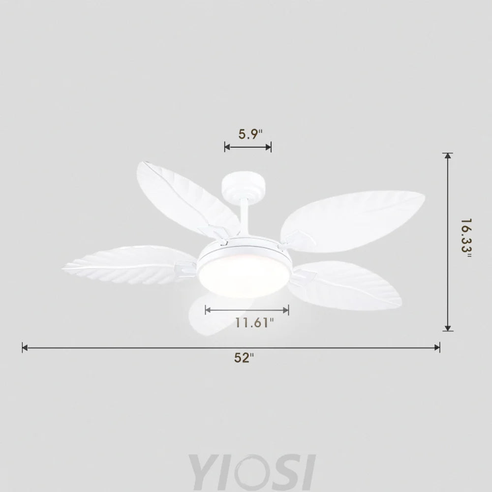 52’’ Tropical Wood Grain Ceiling Fan with Palm Leaf Blades Dimmable LED & Remote Control White Ceiling Lights