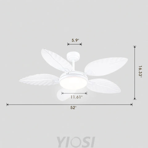 52’’ Tropical Wood Grain Ceiling Fan with Palm Leaf Blades Dimmable LED & Remote Control White Ceiling Lights