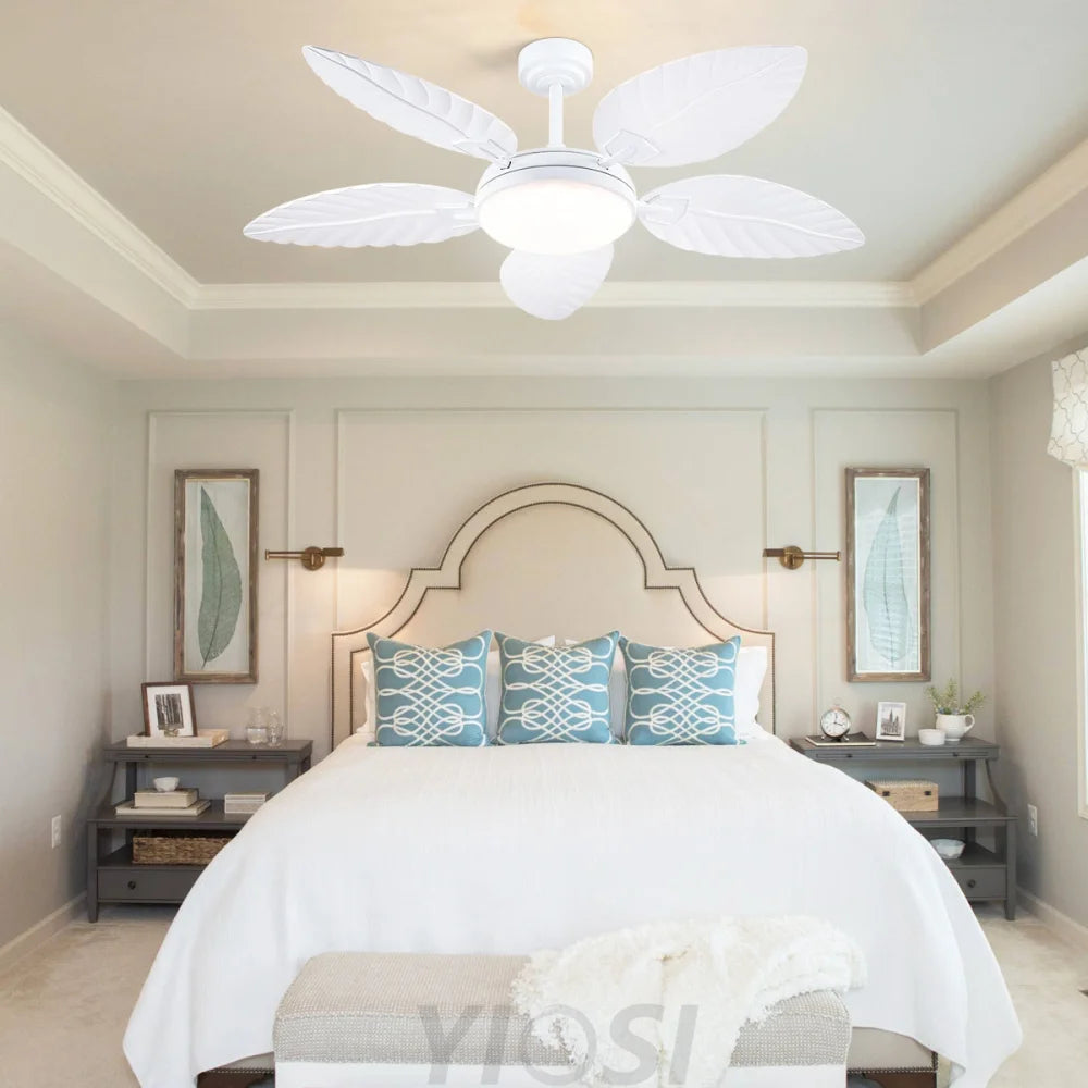 52’’ Tropical Wood Grain Ceiling Fan with Palm Leaf Blades Dimmable LED & Remote Control Ceiling Lights