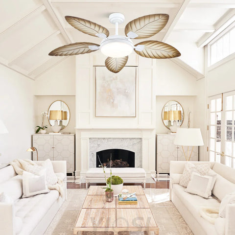 52’’ Tropical Wood Grain Ceiling Fan with Palm Leaf Blades Dimmable LED & Remote Control Ceiling Lights