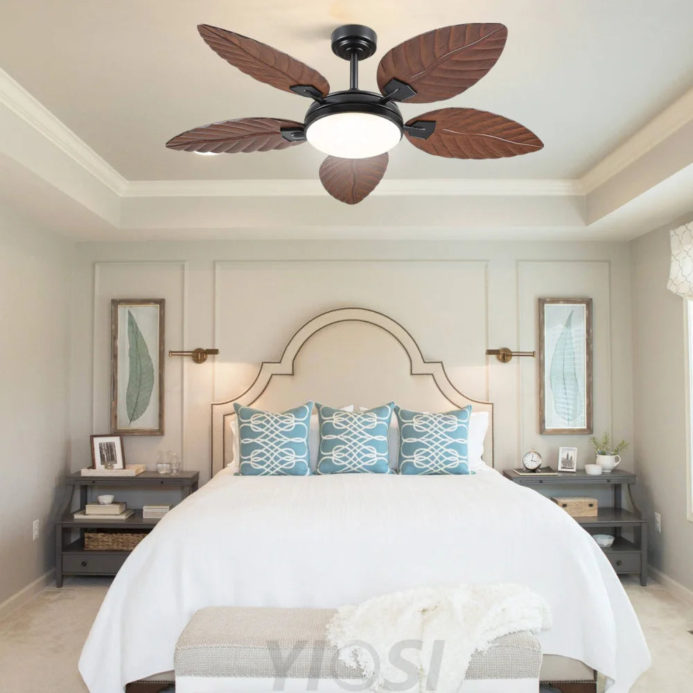 52’’ Tropical Wood Grain Ceiling Fan with Palm Leaf Blades Dimmable LED & Remote Control Ceiling Lights