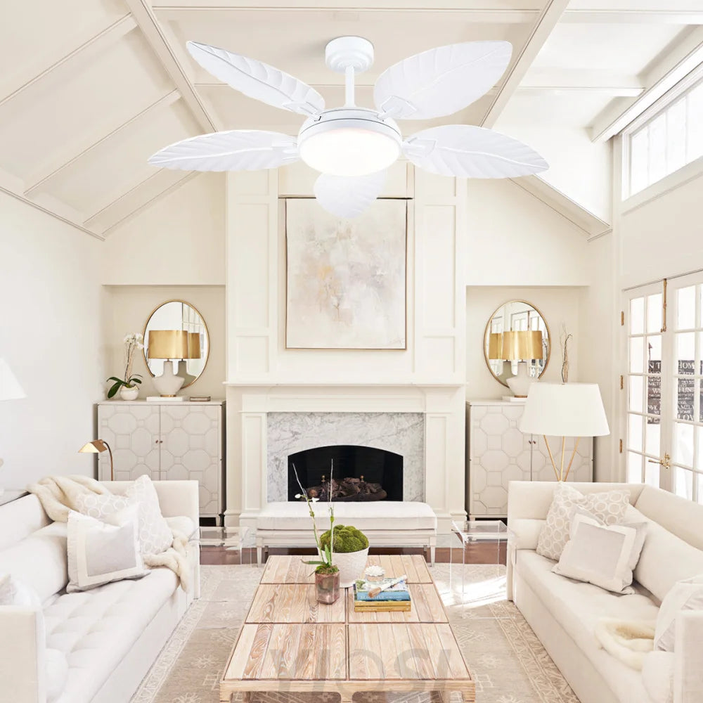 52’’ Tropical Wood Grain Ceiling Fan with Palm Leaf Blades Dimmable LED & Remote Control Ceiling Lights