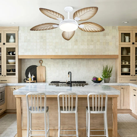 52’’ Tropical Wood Grain Ceiling Fan with Palm Leaf Blades Dimmable LED & Remote Control Ceiling Lights