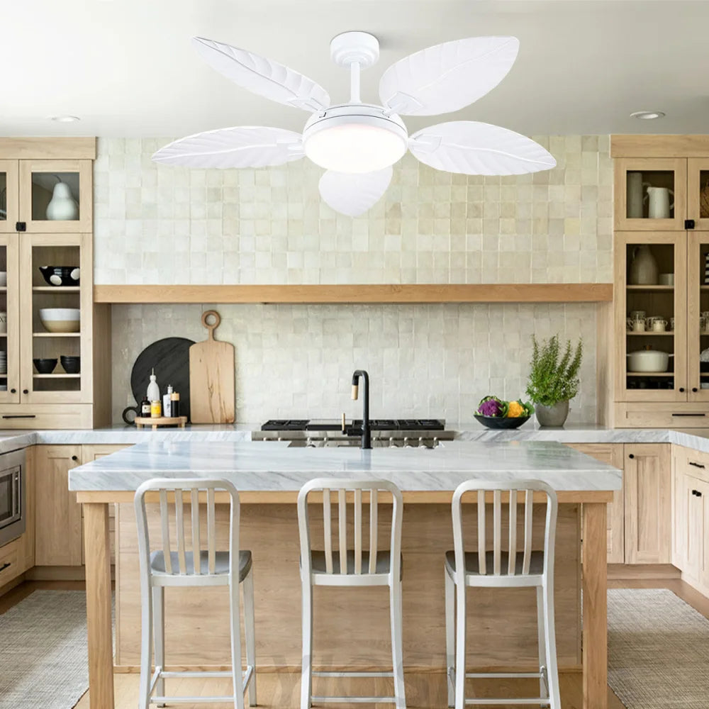 52’’ Tropical Wood Grain Ceiling Fan with Palm Leaf Blades Dimmable LED & Remote Control Ceiling Lights