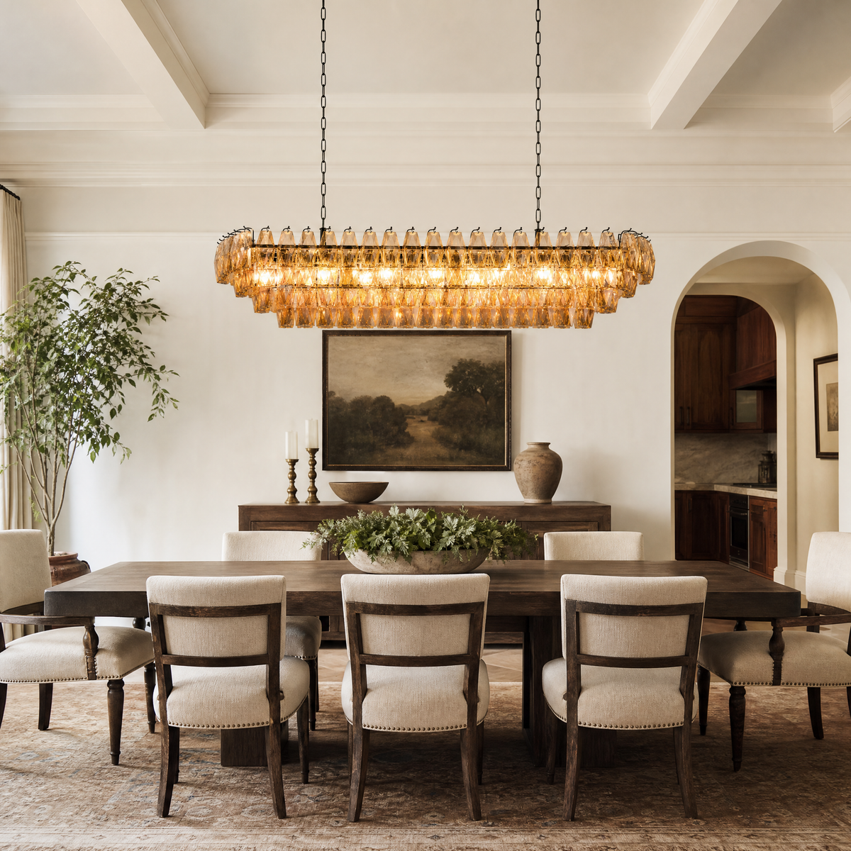 54" Modern Black Rectangular Smoke Amber Glass Chandelier