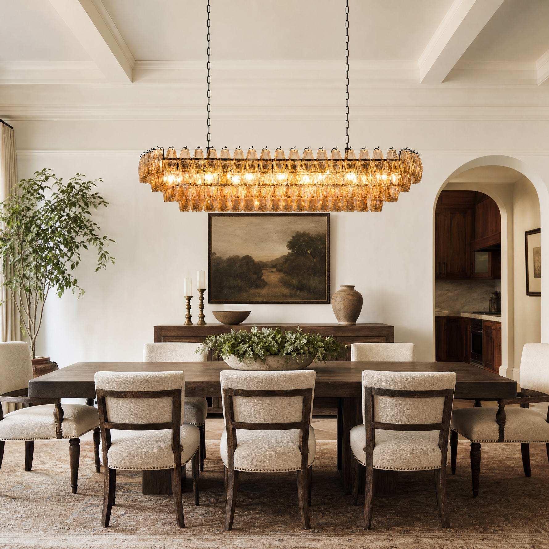 54" Modern Black Rectangular Smoke Amber Glass Chandelier