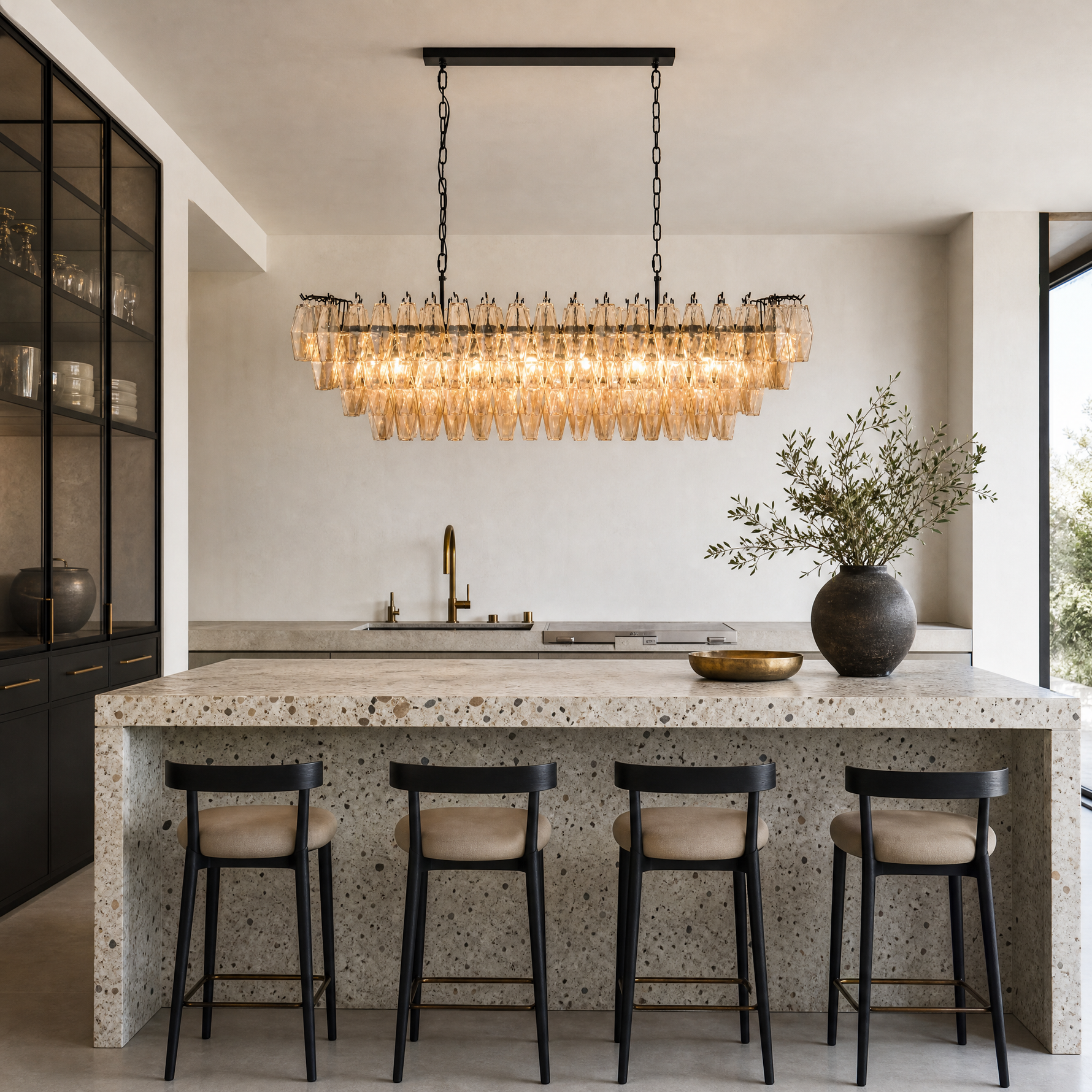 54" Modern Black Rectangular Smoke Amber Glass Chandelier