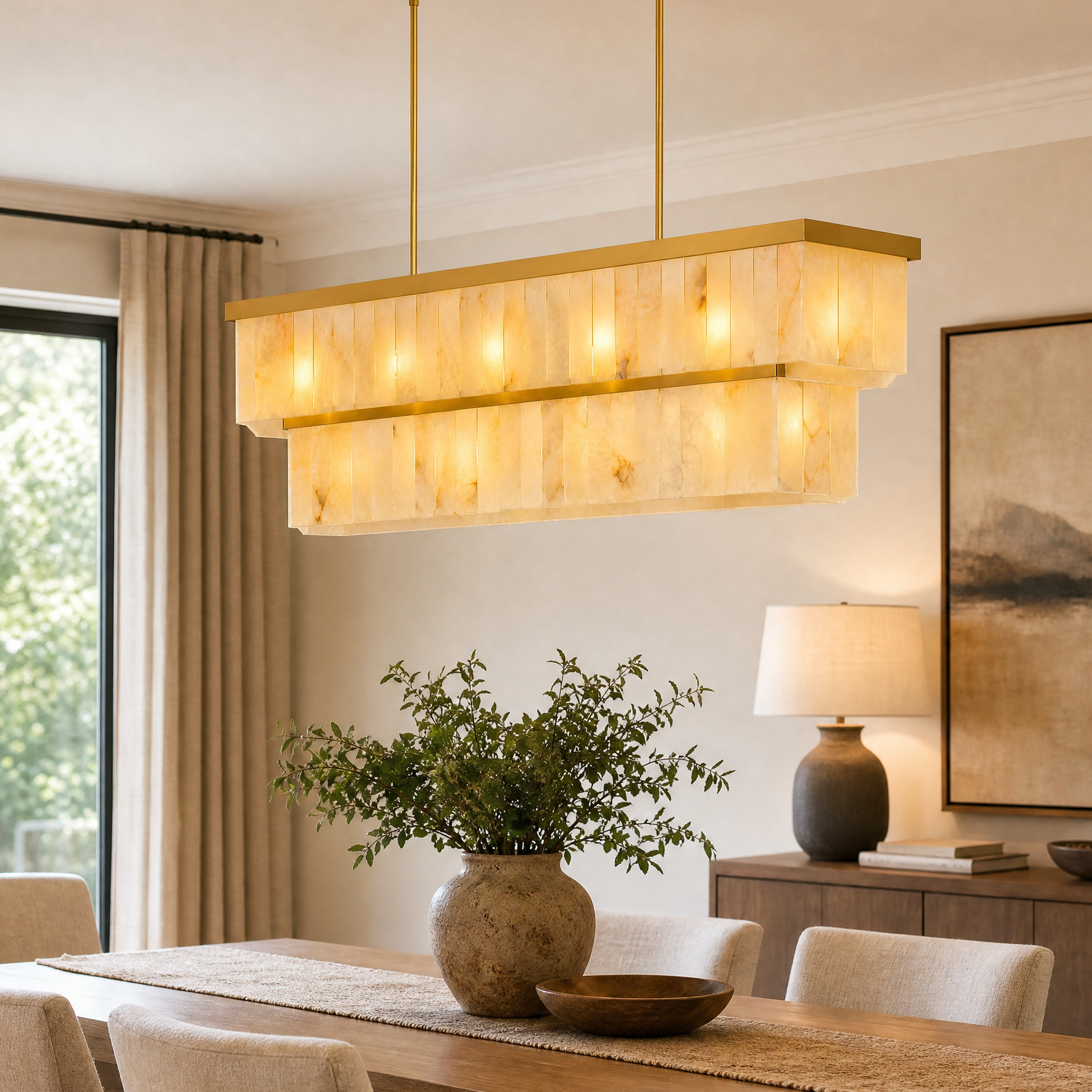 54'' Rectangular Spanish Alabaster 2-Tier Chandelier
