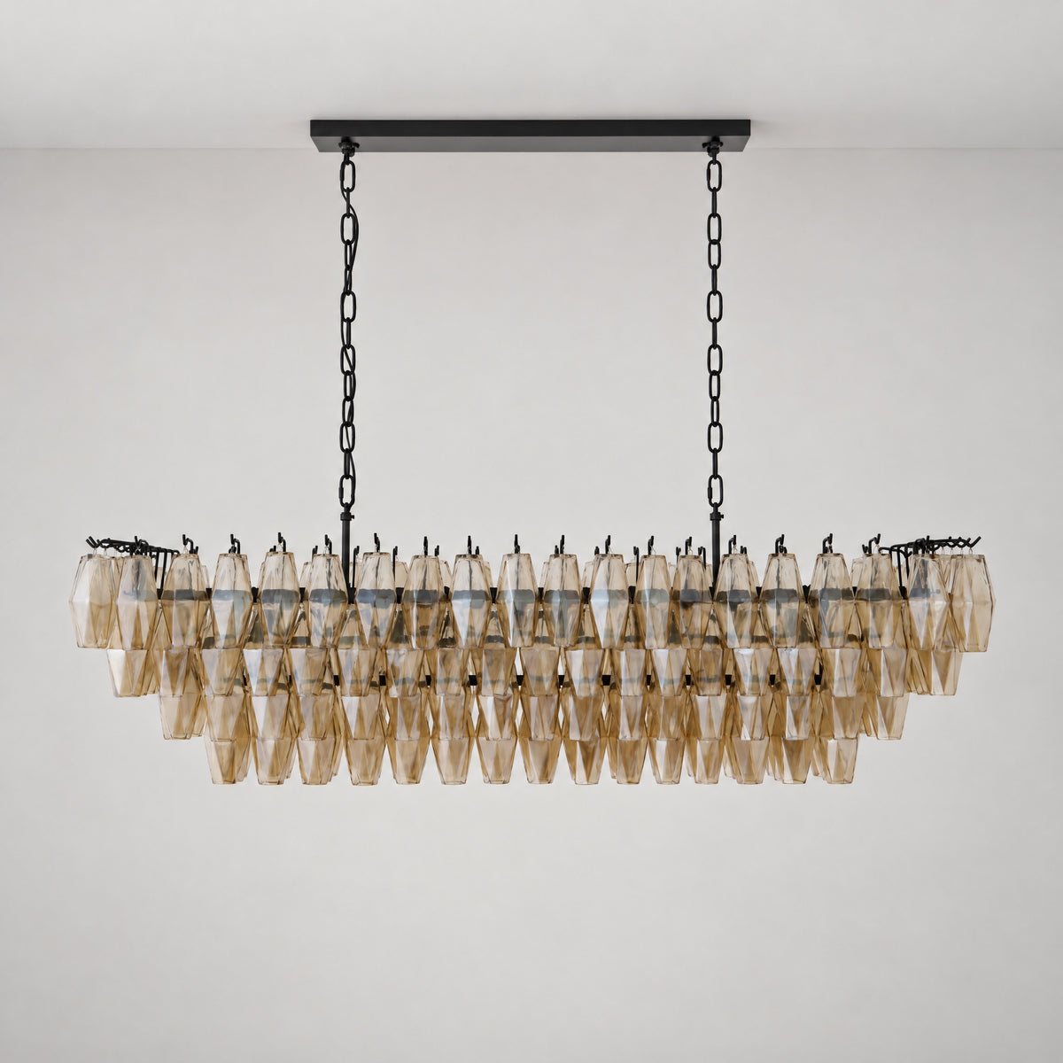 54" Modern Black Rectangular Smoke Amber Glass Chandelier – lights off