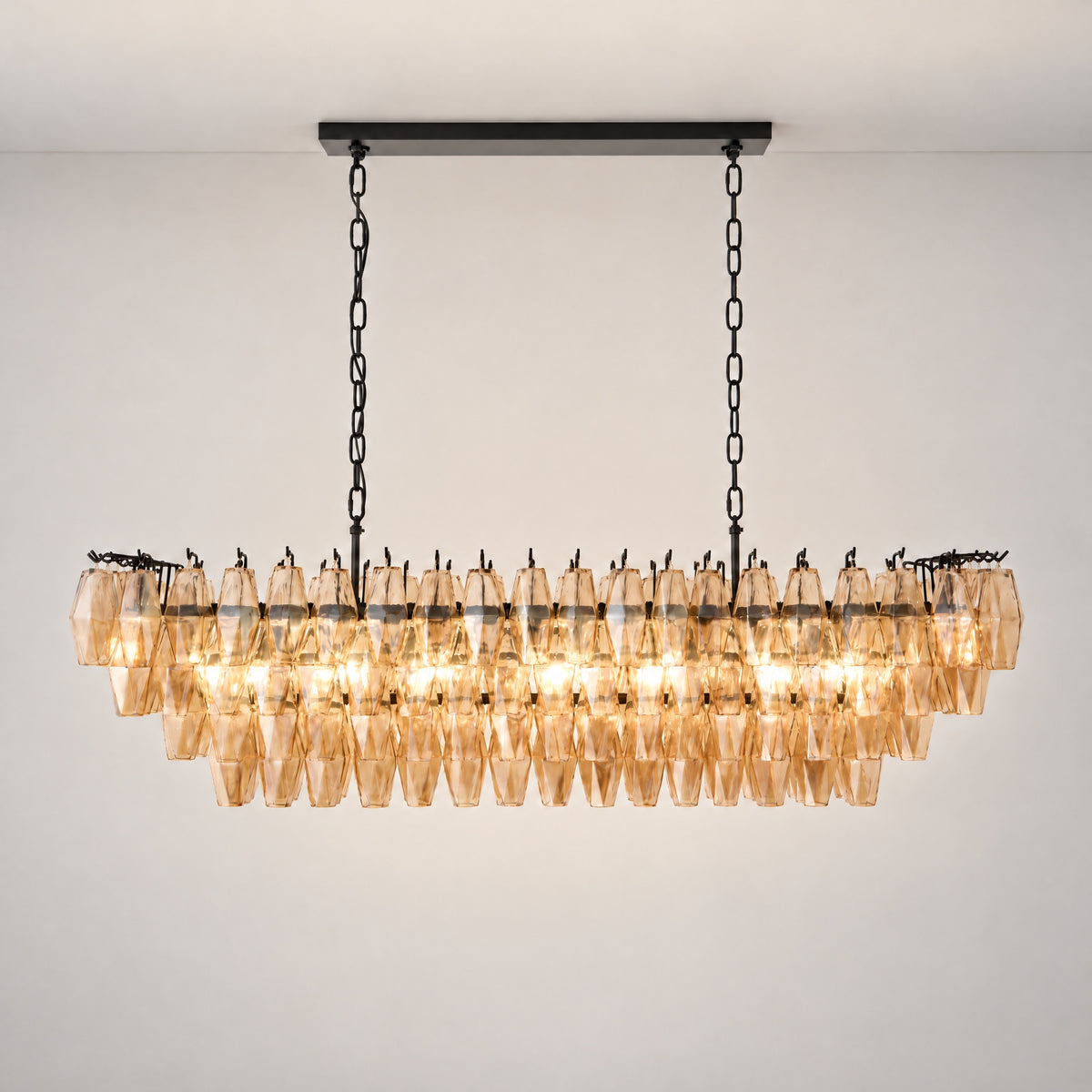 54" Modern Black Rectangular Smoke Amber Glass Chandelier – lights on