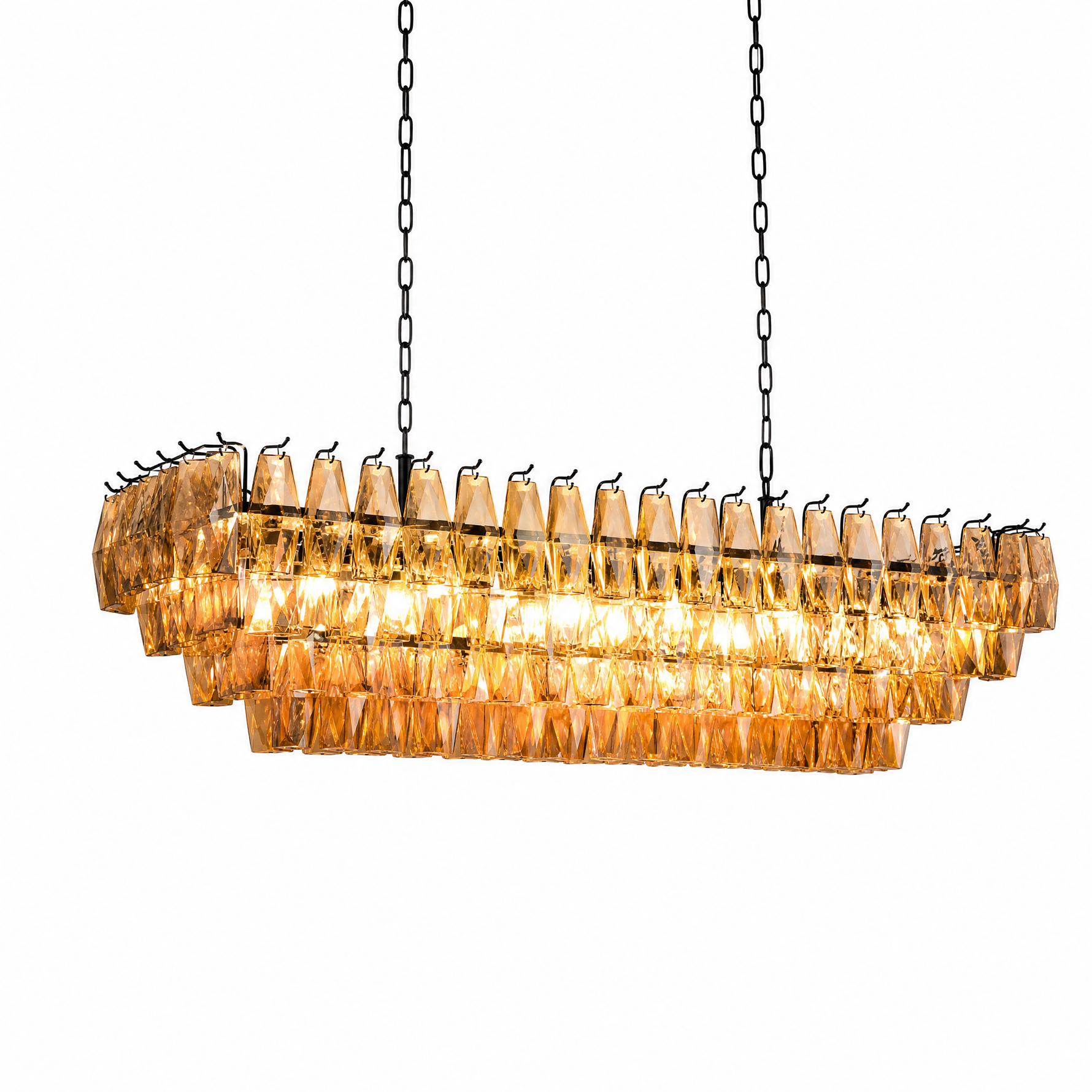 54" Modern Black Rectangular Smoke Amber Glass Chandelier