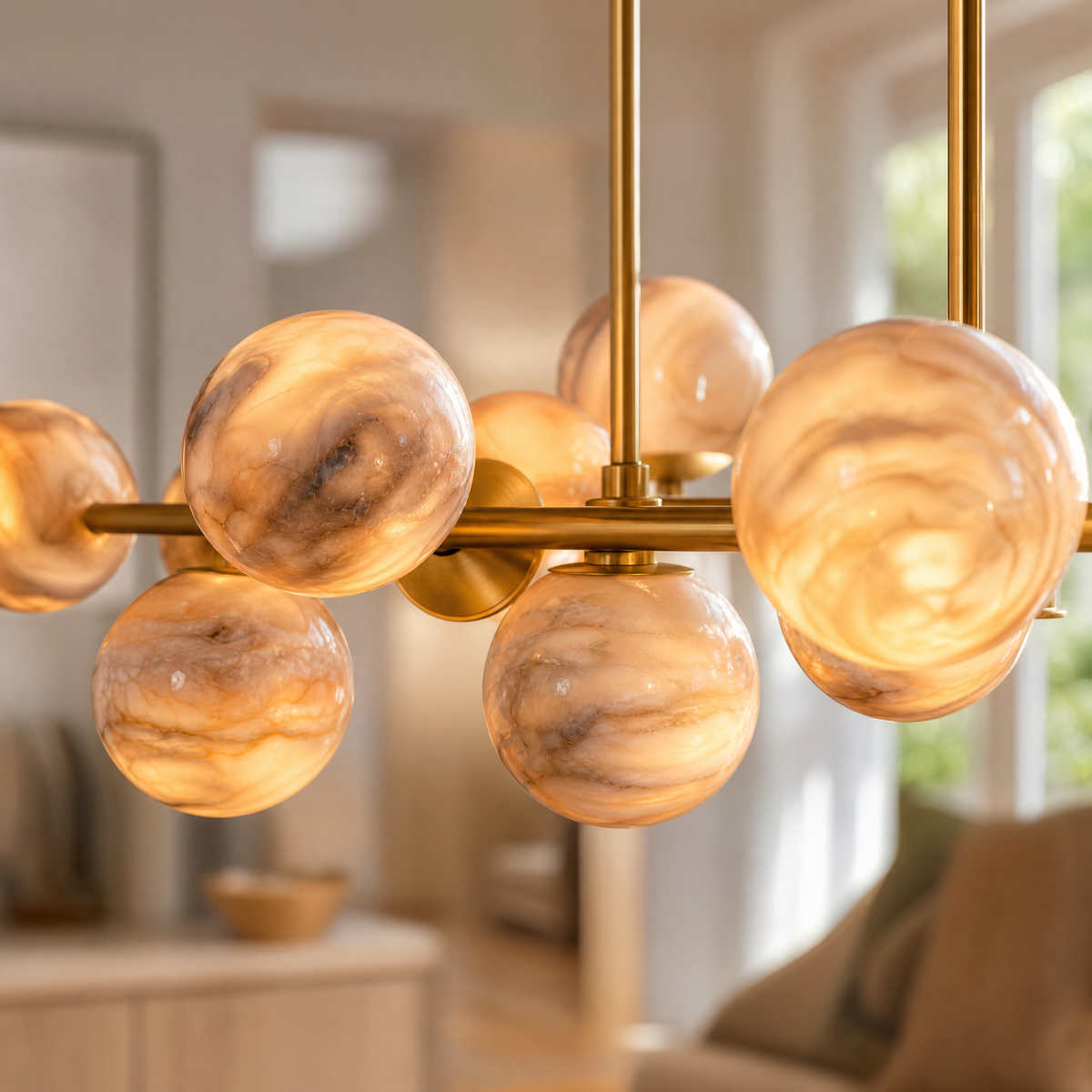 55'' Mid Century Modern Linear Alabaster Sputnik Chandelier