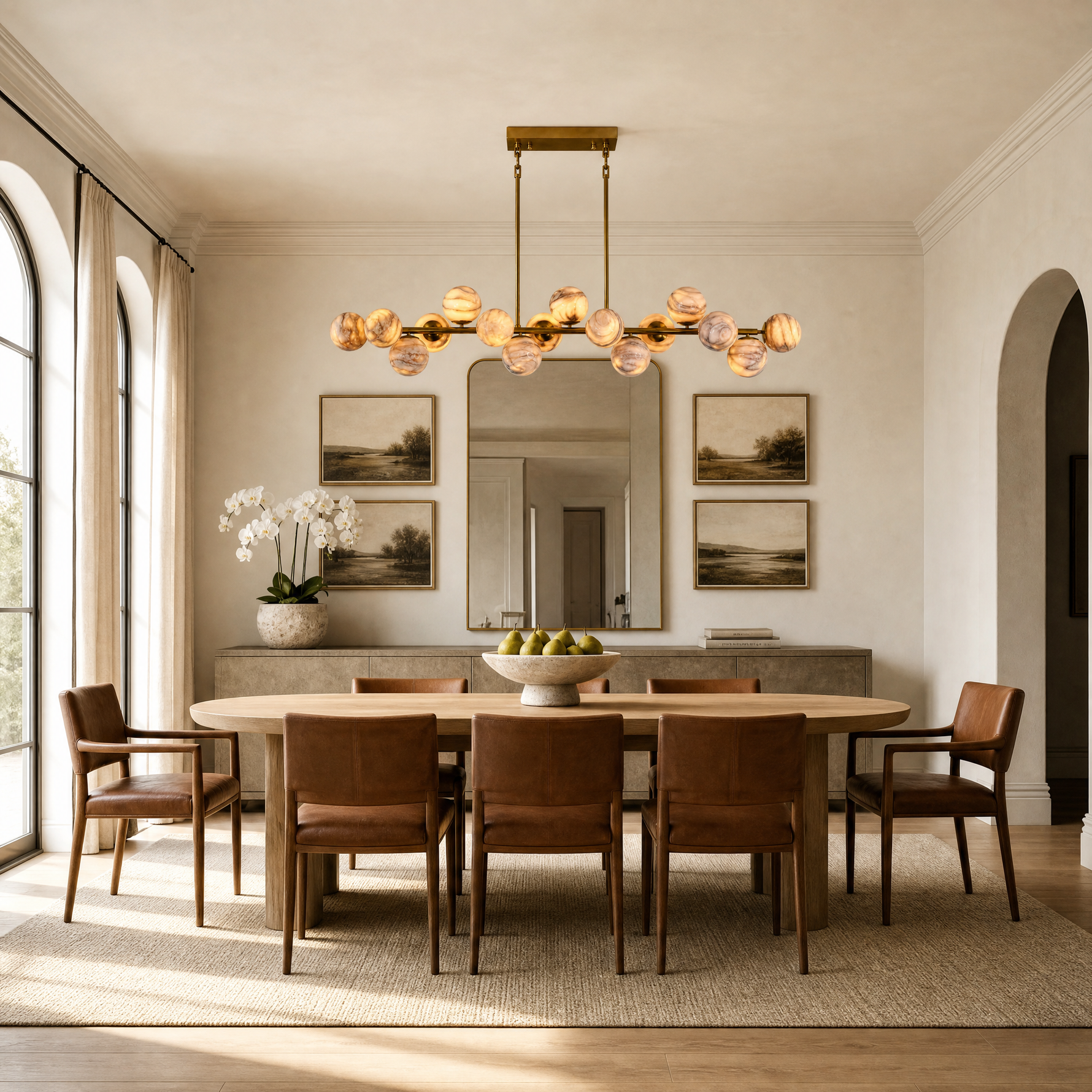 55'' Mid Century Modern Linear Alabaster Sputnik Chandelier