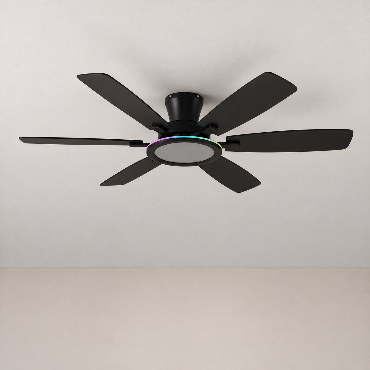 55" Walnut 6-Blade Ceiling Fan with RGB Ring Light – lights off