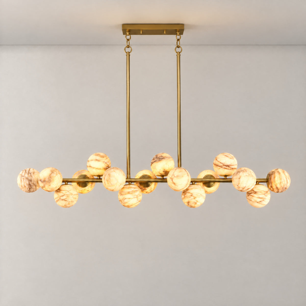 55'' Mid Century Modern Linear Alabaster Sputnik Chandelier – lights on