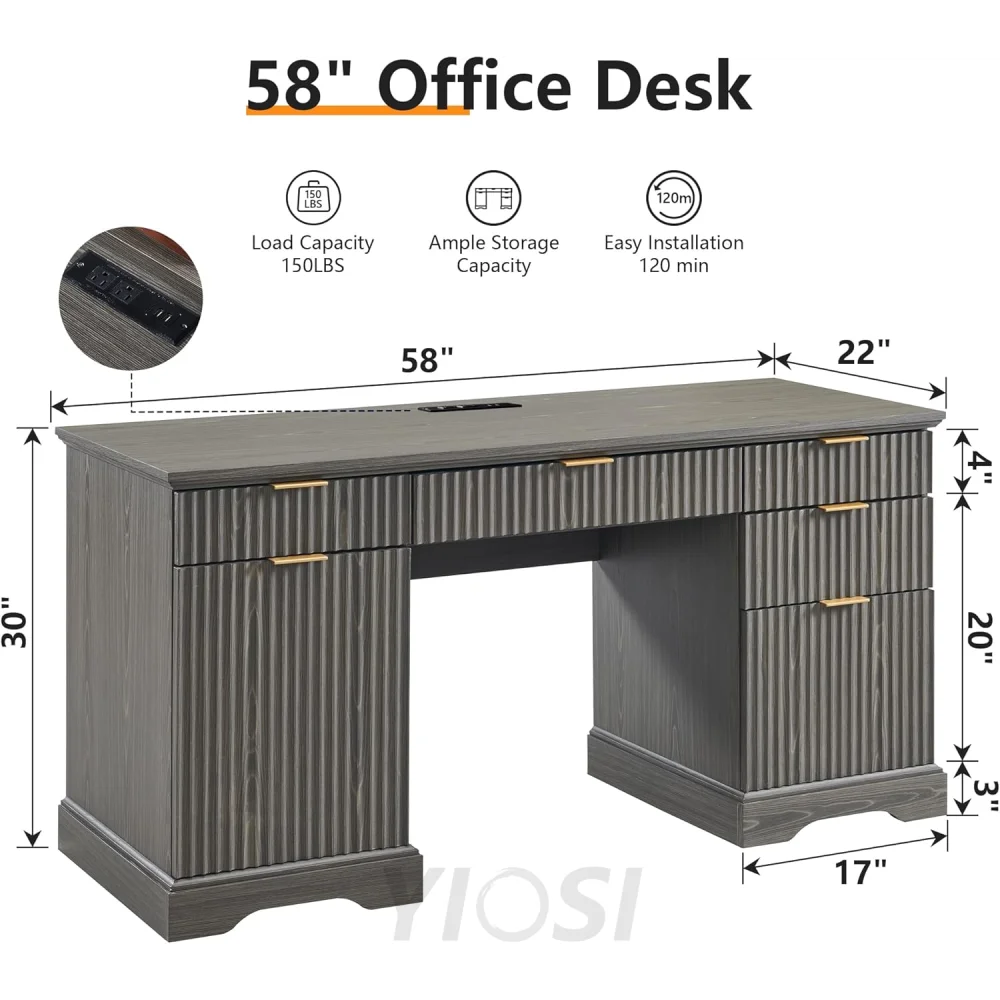 58-Inch Modern Executive Office Desk with Storage and Drawer
