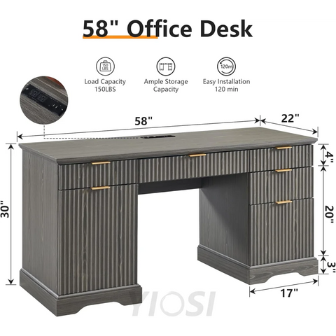 58-Inch Modern Executive Office Desk with Storage and Drawer