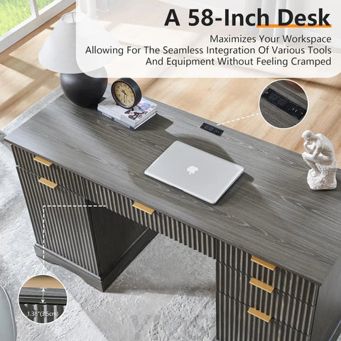 58-Inch Modern Executive Office Desk with Storage and Drawer