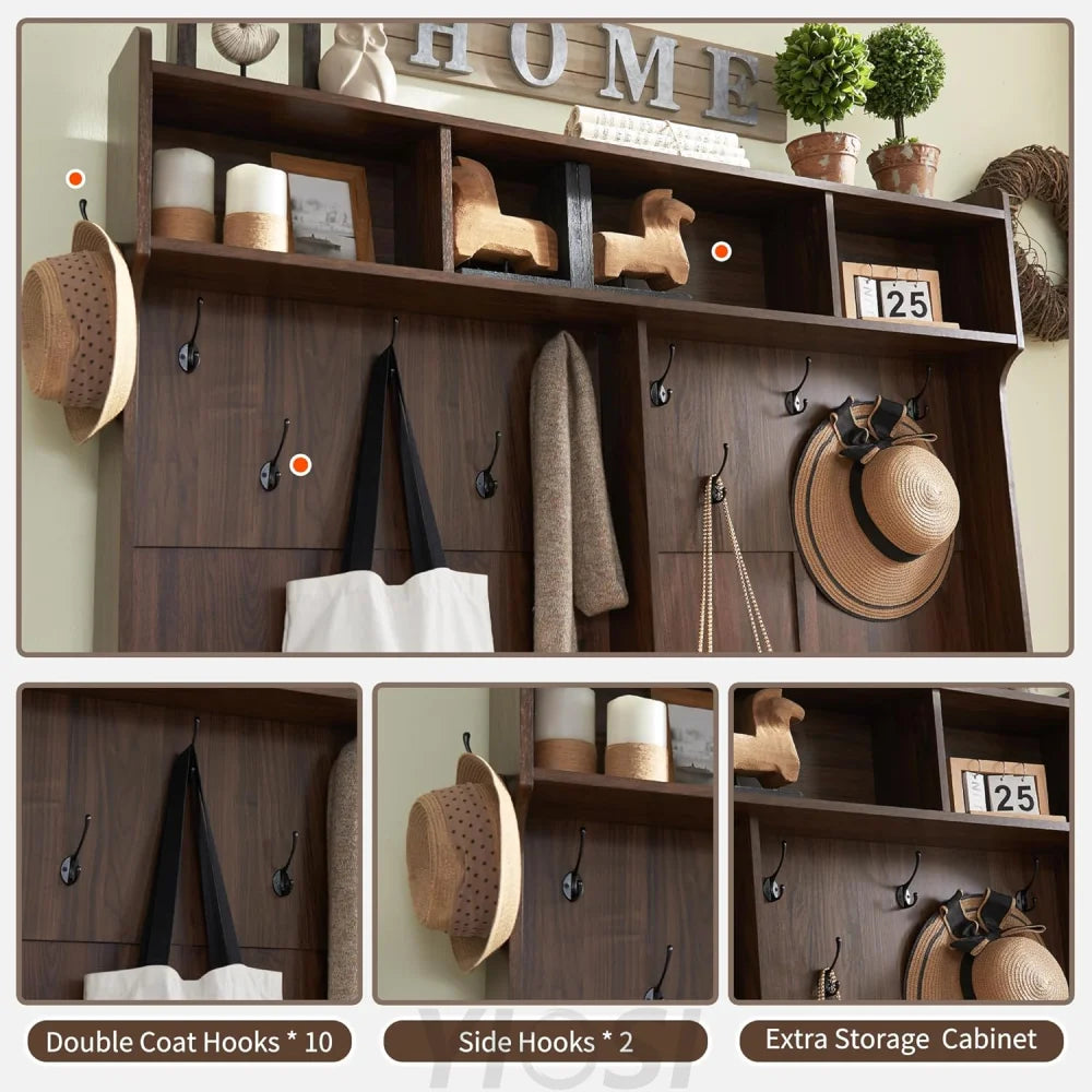 59" Farmhouse Hall Tree with Shoe Storage Bench & Cubbies