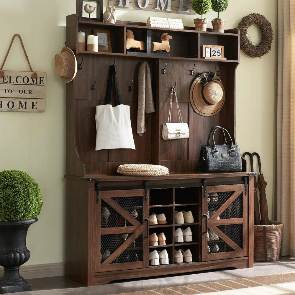 59" Farmhouse Hall Tree with Shoe Storage Bench & Cubbies