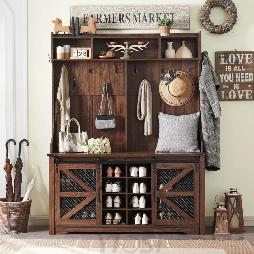 59" Farmhouse Hall Tree with Shoe Storage Bench & Cubbies