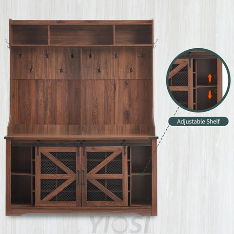 59" Farmhouse Hall Tree with Shoe Storage Bench & Cubbies