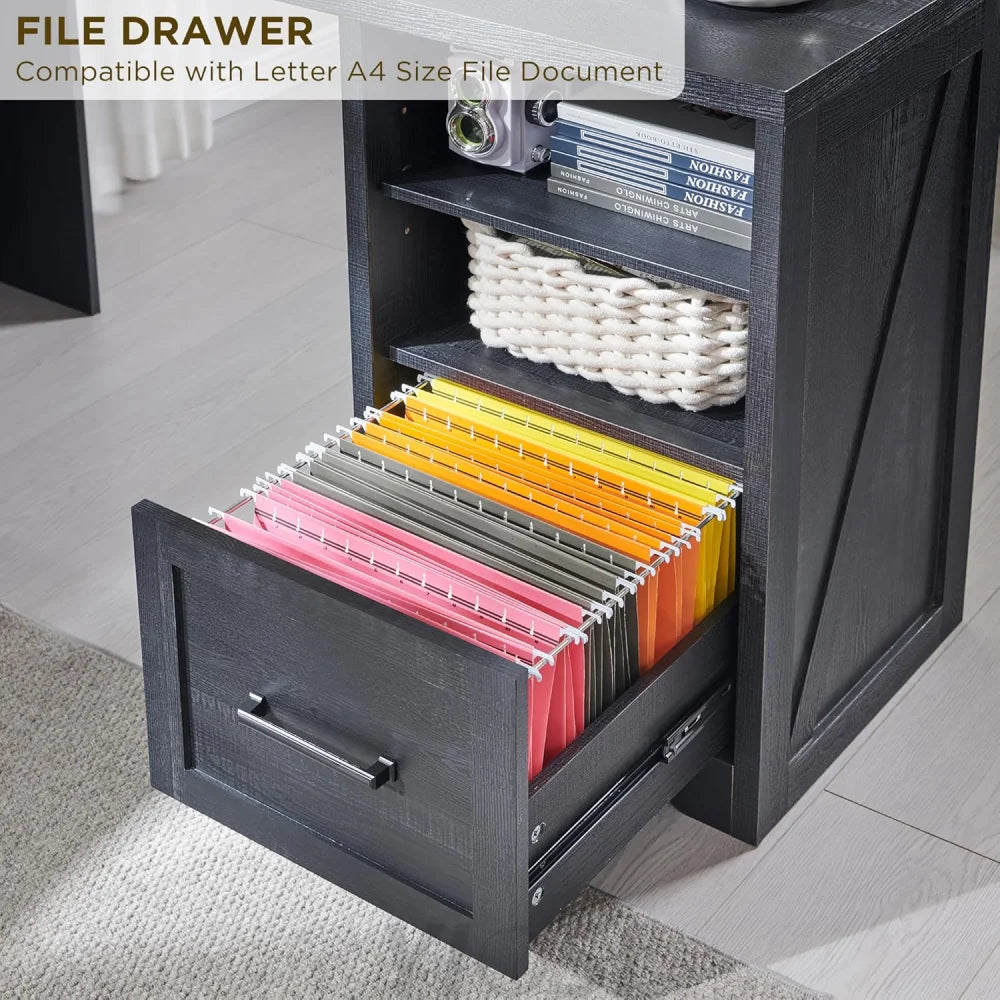 59-inch Farmhouse Computer Desk with File Cabinet - Cool Black
