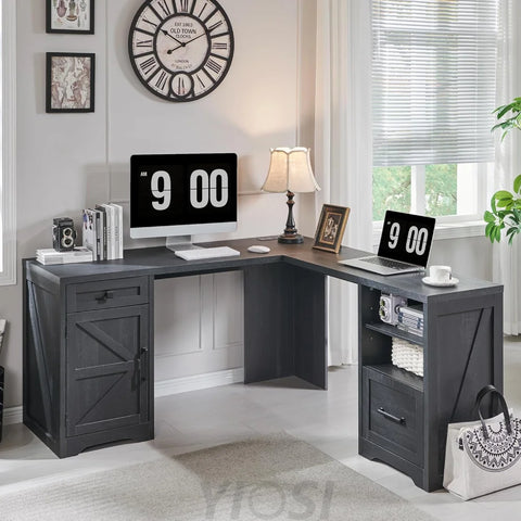59-inch Farmhouse Computer Desk with File Cabinet - Cool Black