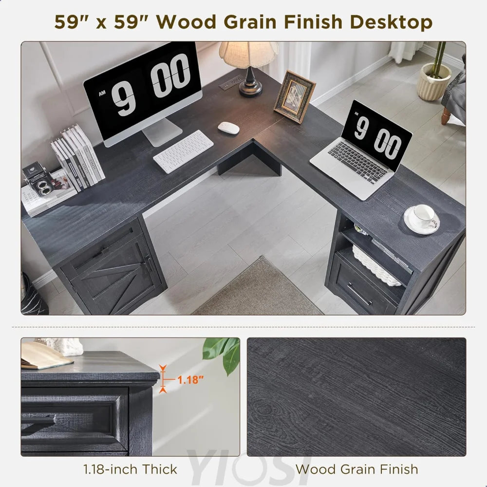 59-inch Farmhouse Computer Desk with File Cabinet - Cool Black
