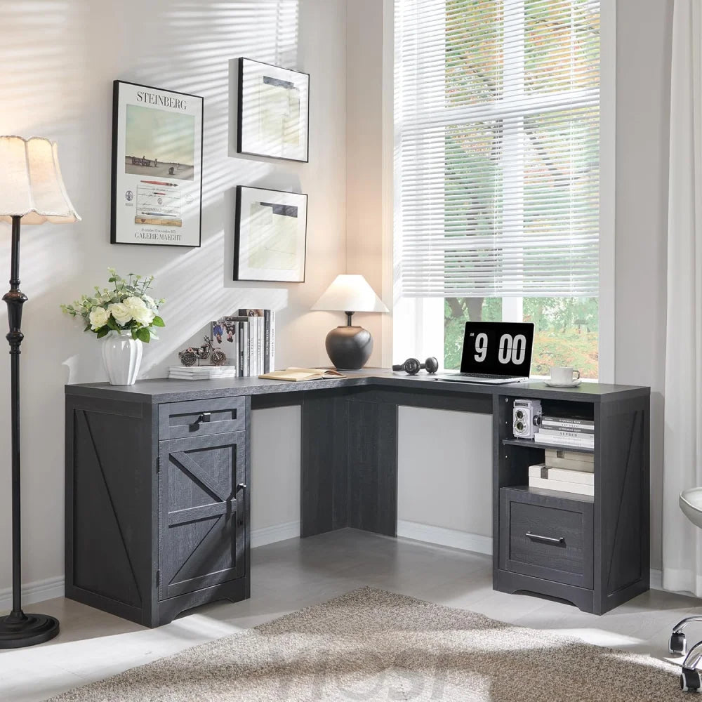 59-inch Farmhouse Computer Desk with File Cabinet - Cool Black