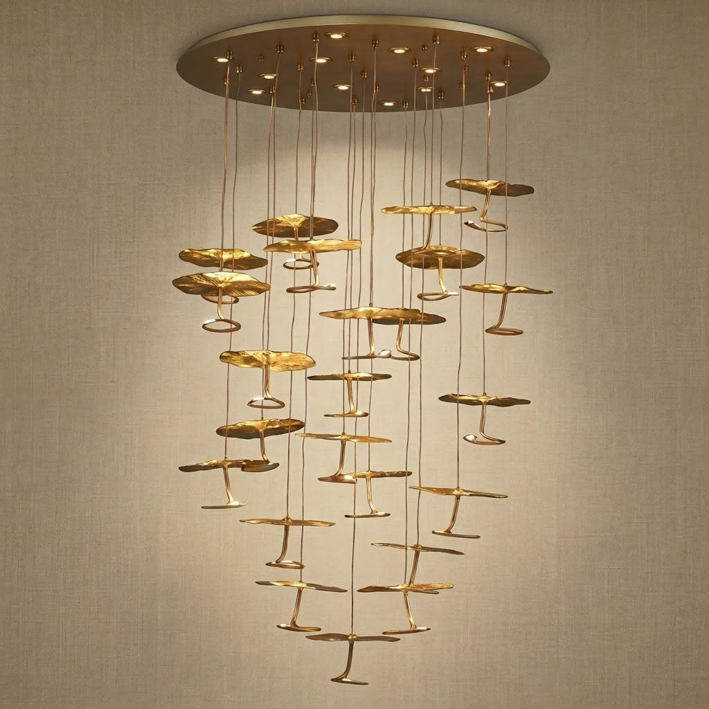 Yiosi Cascading Copper flush mount ceiling chandelier — modern lotus pad pendant with brass canopy