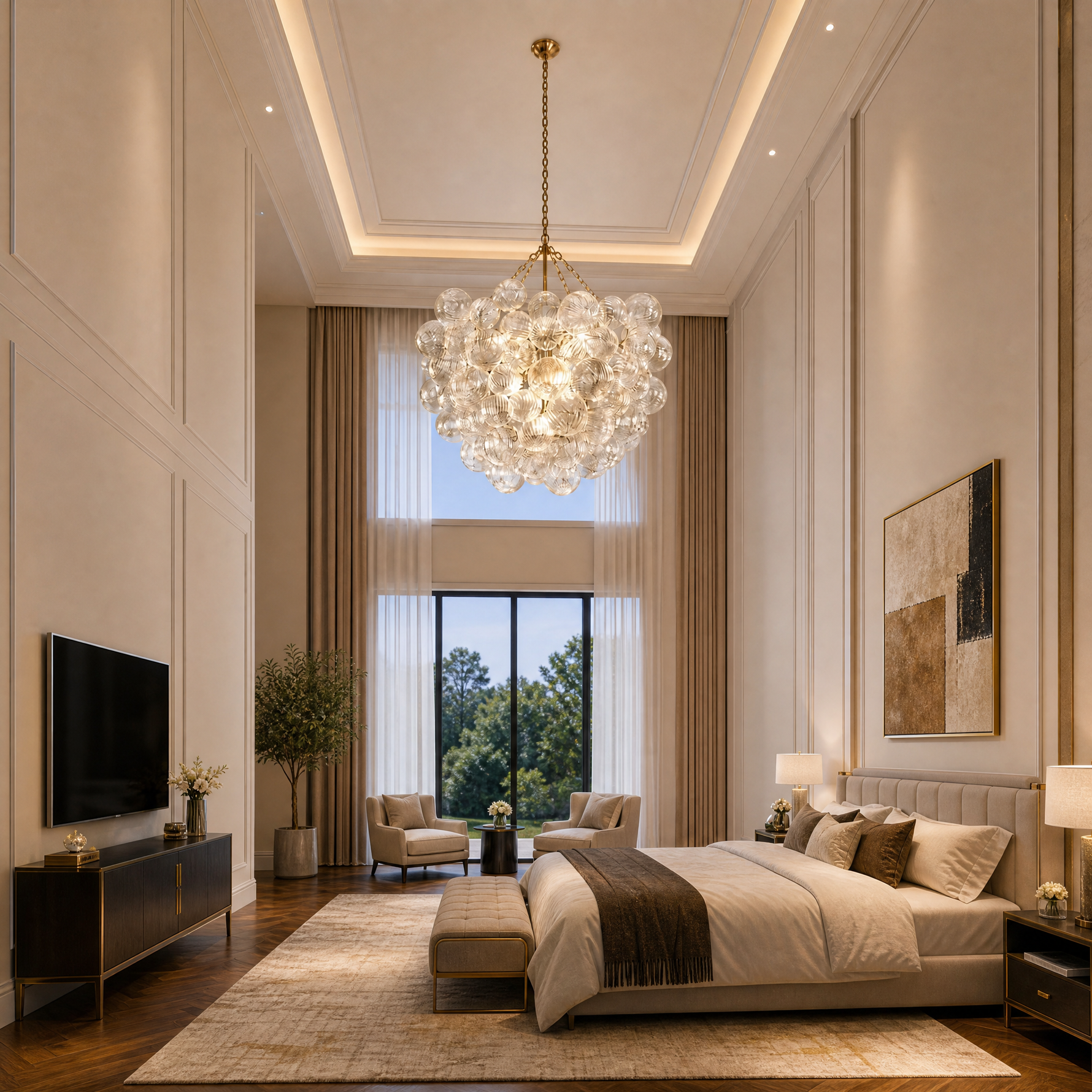 6-Light Cloth Shade Pendant Light - Copper Color