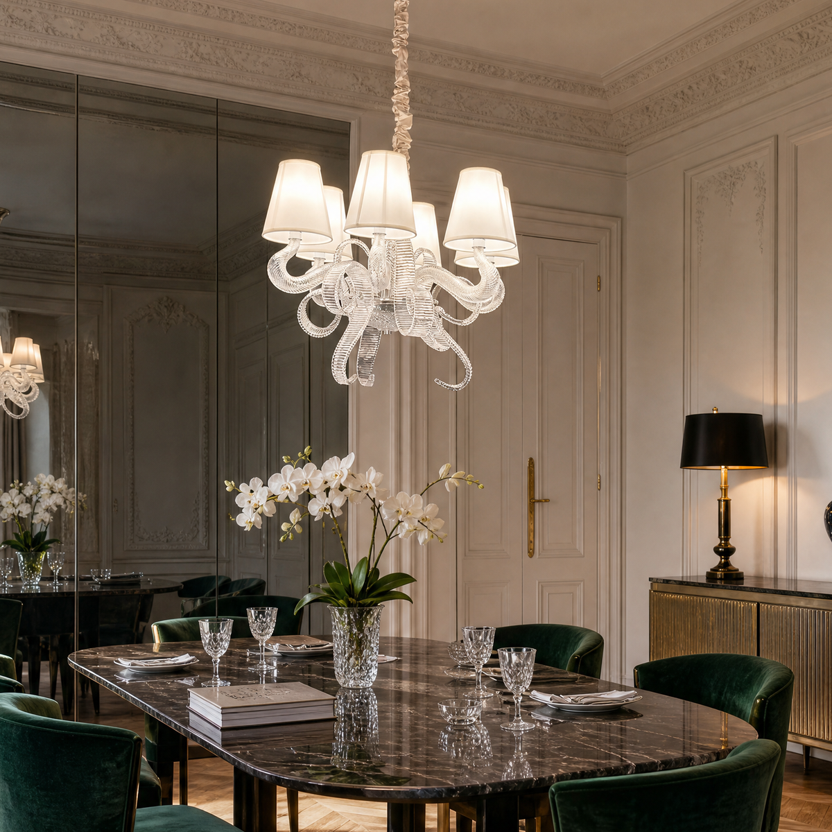 6-Light Ribbon Glass Fabric Shade Chandelier