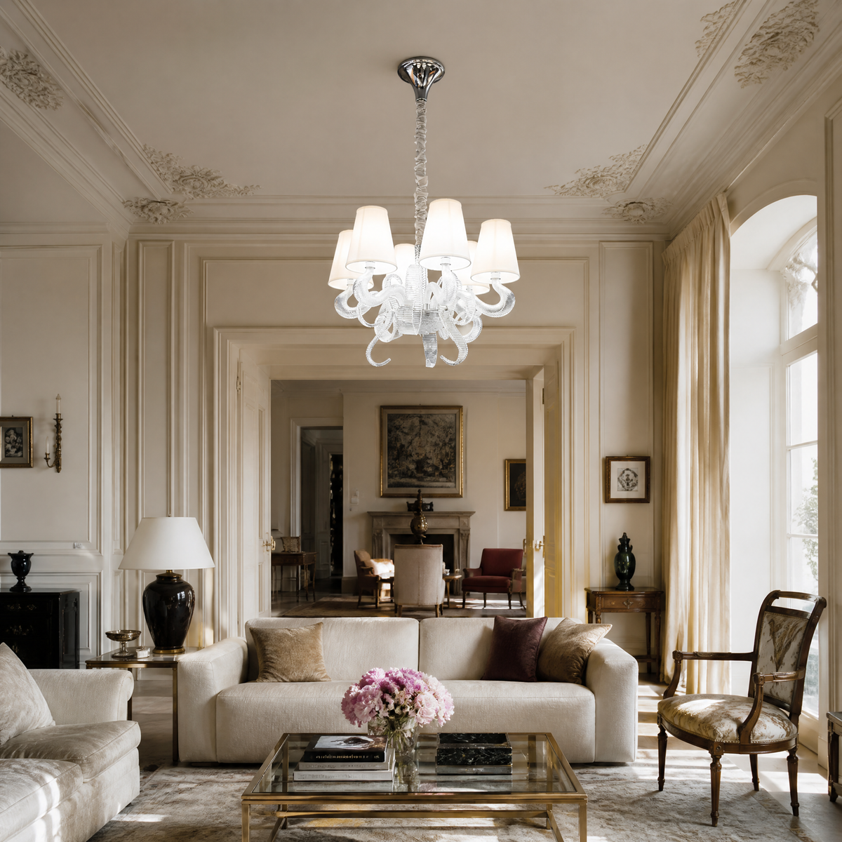 6-Light Ribbon Glass Fabric Shade Chandelier