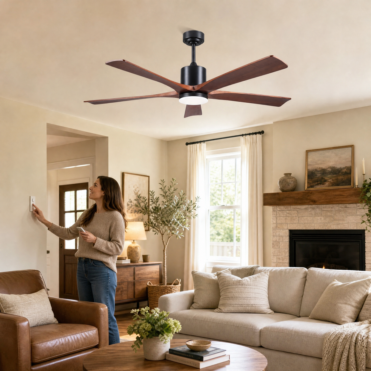 60" 5-Blade Wood Ceiling Fan with LED Disc Light