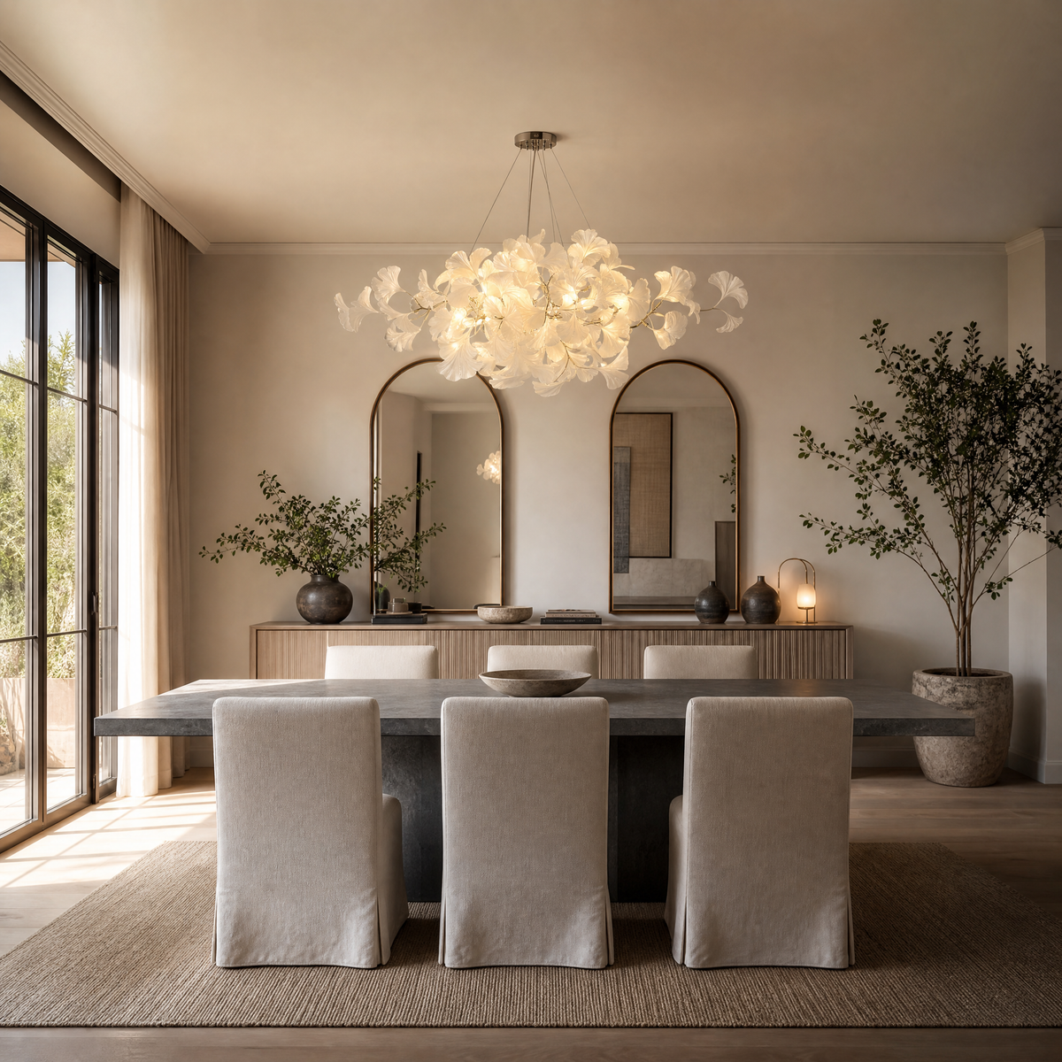 60" Silver Ceramic Ginkgo Leaf 10-Light Chandelier