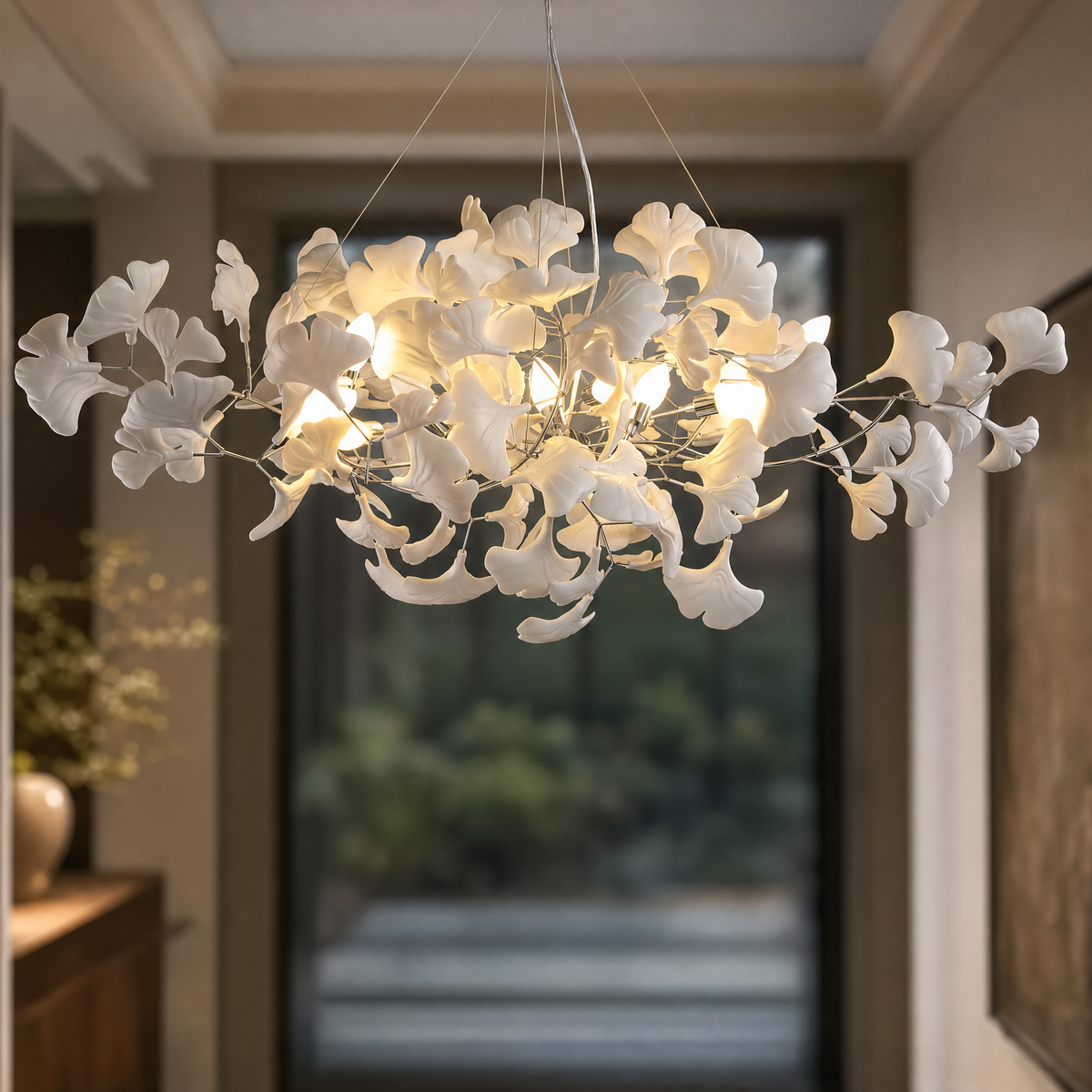 60" Silver Ceramic Ginkgo Leaf 10-Light Chandelier
