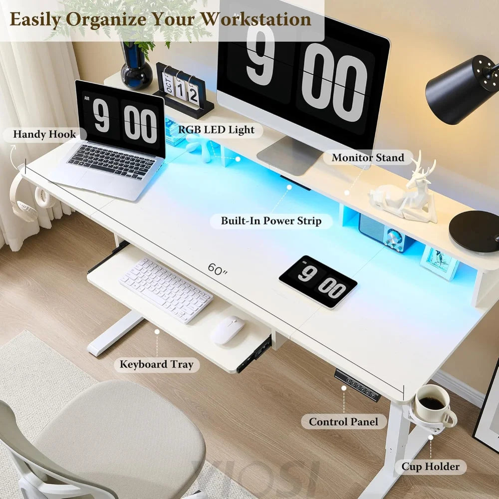OKD 60" Electric Standing Desk with Keyboard Tray and Monitor Shelf