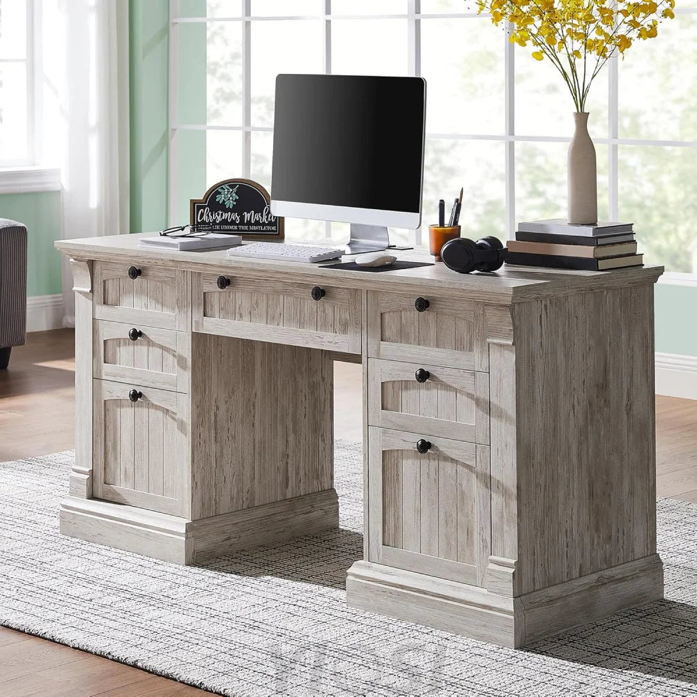 OKD 60" Farmhouse Executive Desk with Drawers and Charging Station