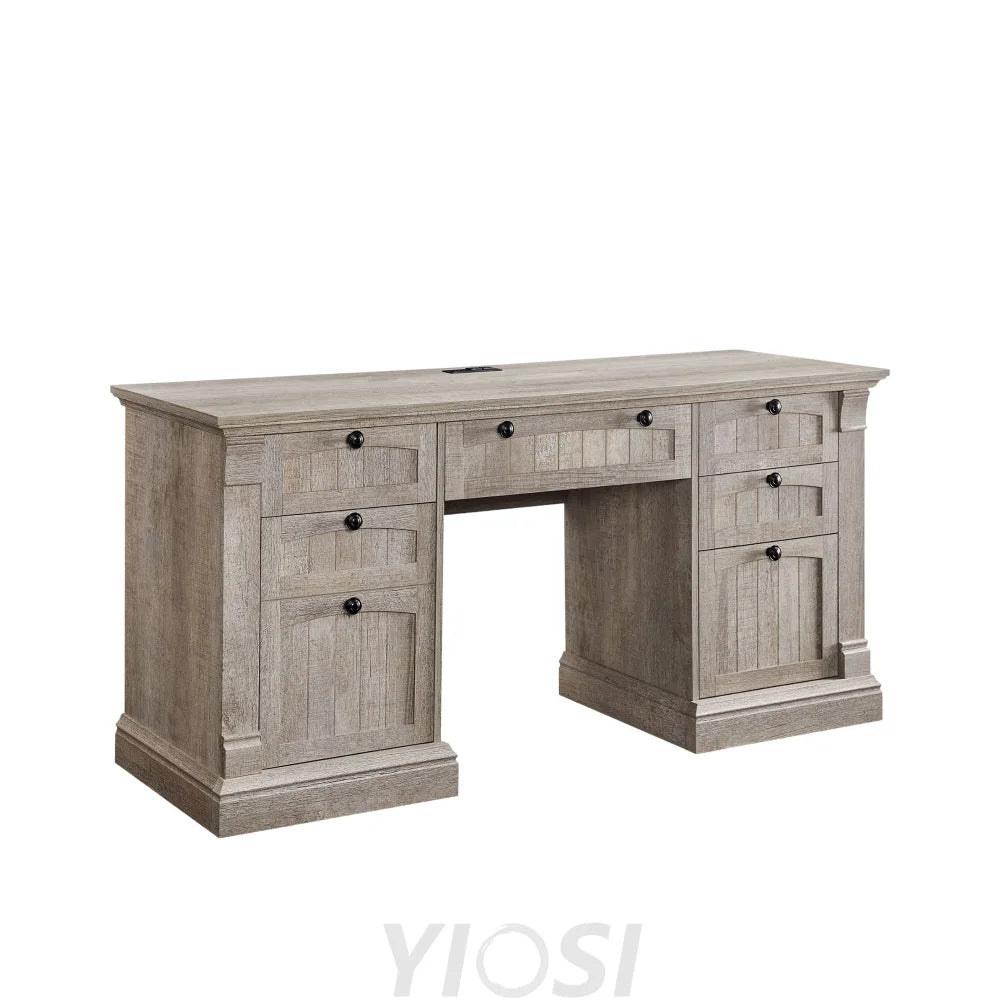 60’’ Farmhouse Executive Desk with Drawers and Charging Station Light Rustic Oak