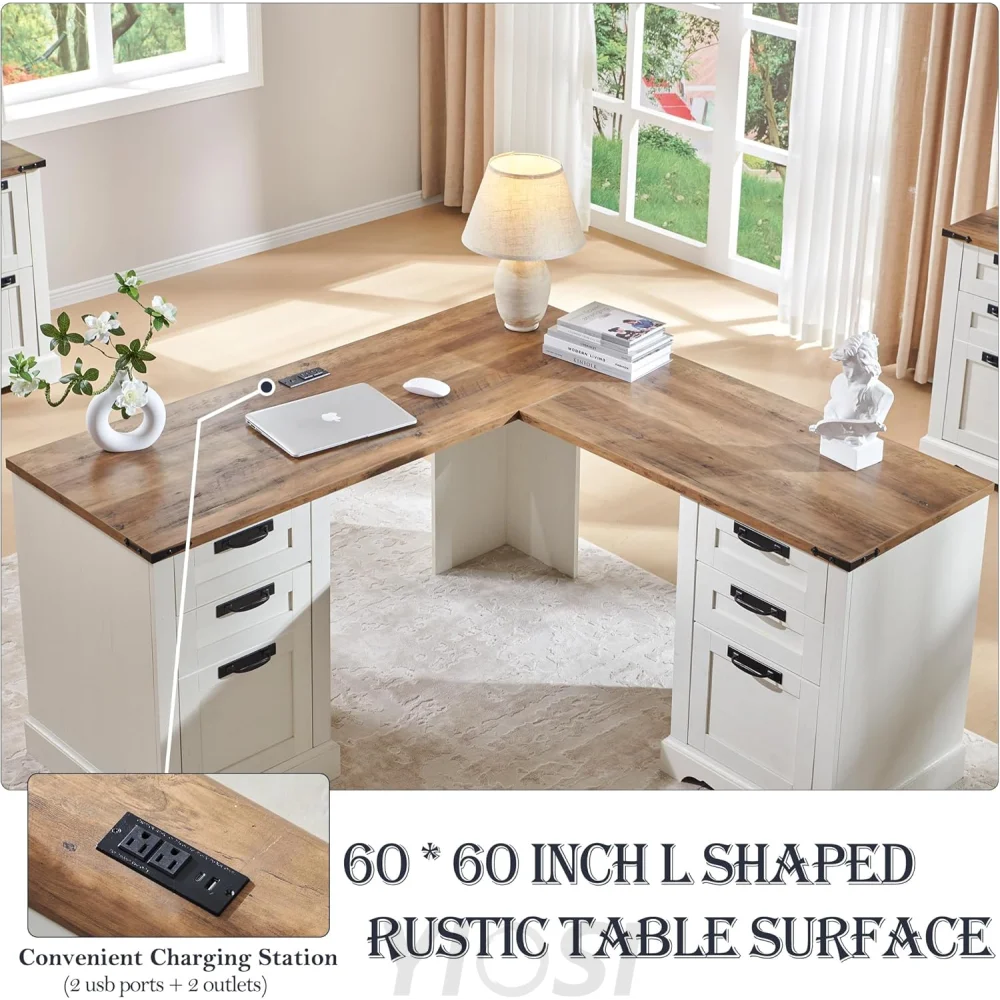 60" Farmhouse L Shaped Desk with Charging Station and Drawers