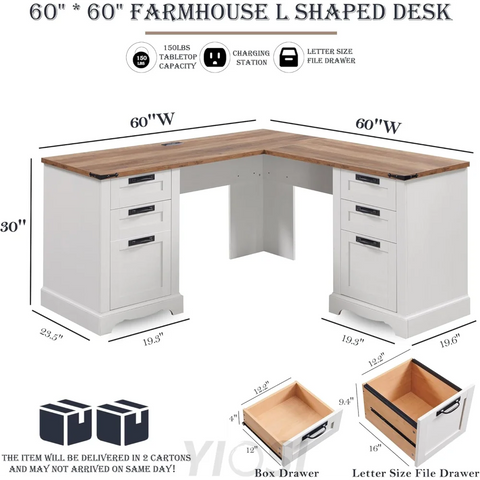 60" Farmhouse L Shaped Desk with Charging Station and Drawers