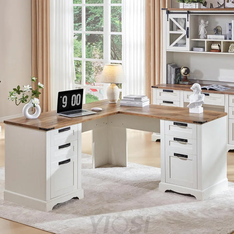 60" Farmhouse L Shaped Desk with Charging Station and Drawers