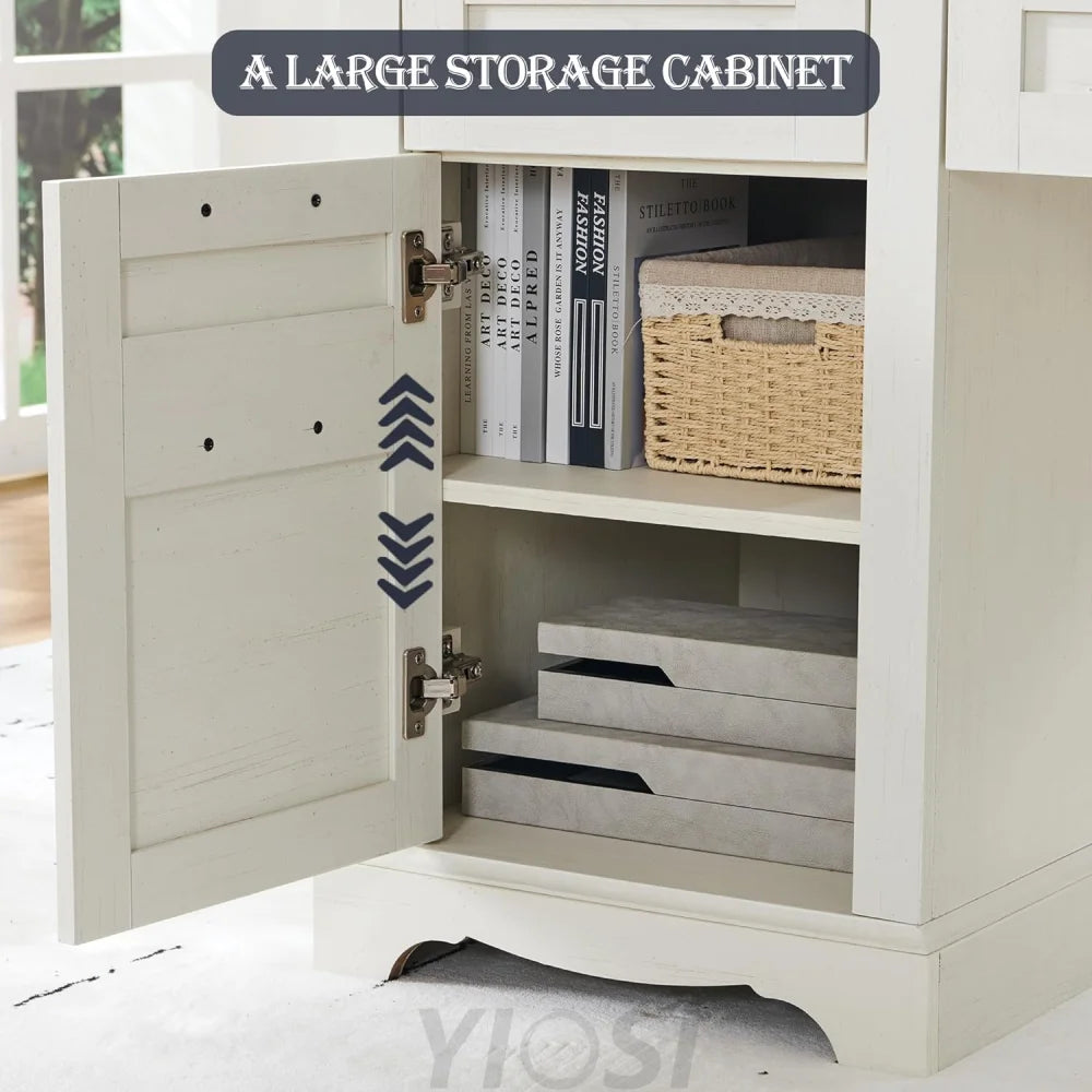 60" Farmhouse L Shaped Desk with Charging Station and Drawers