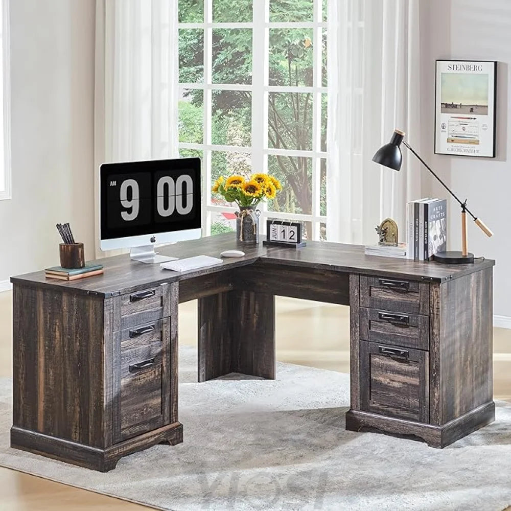 60’’ Farmhouse L Shaped Desk with Charging Station and Drawers Dark Rustic Oak